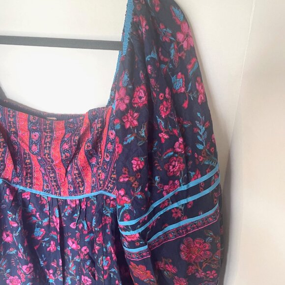 Free People Endless Afternoon Mini Dress Blue Red Floral Long Sleeve Babydoll - Picture 6 of 11